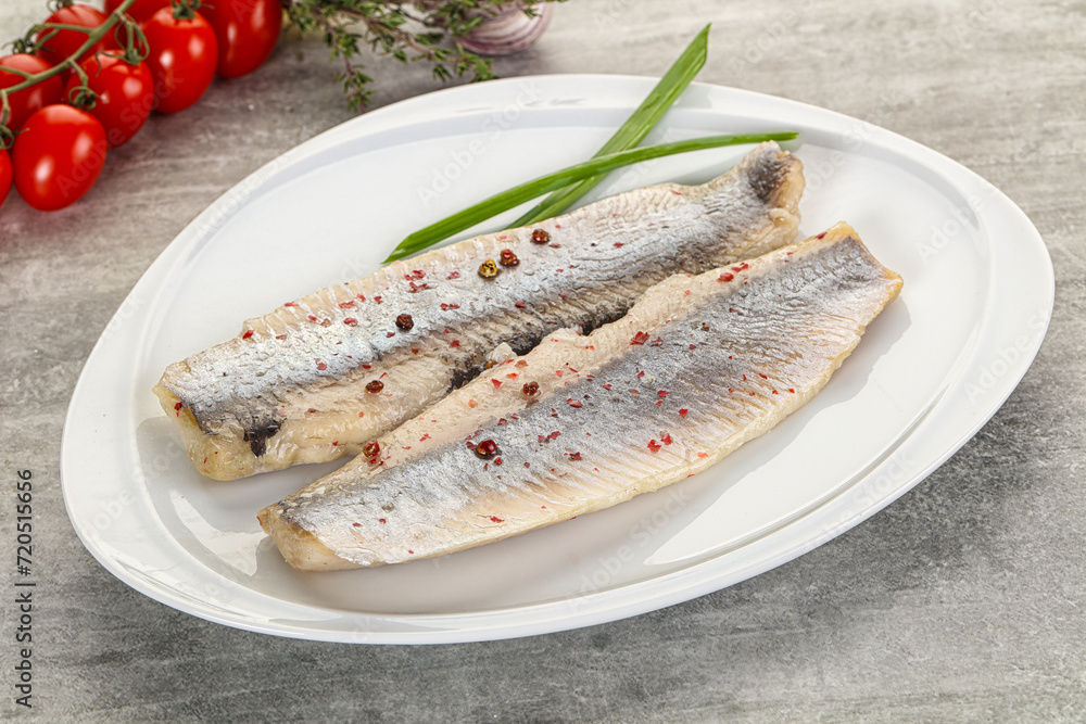 Marinated herring fillet with green onion Marinated herring fillet with green onion