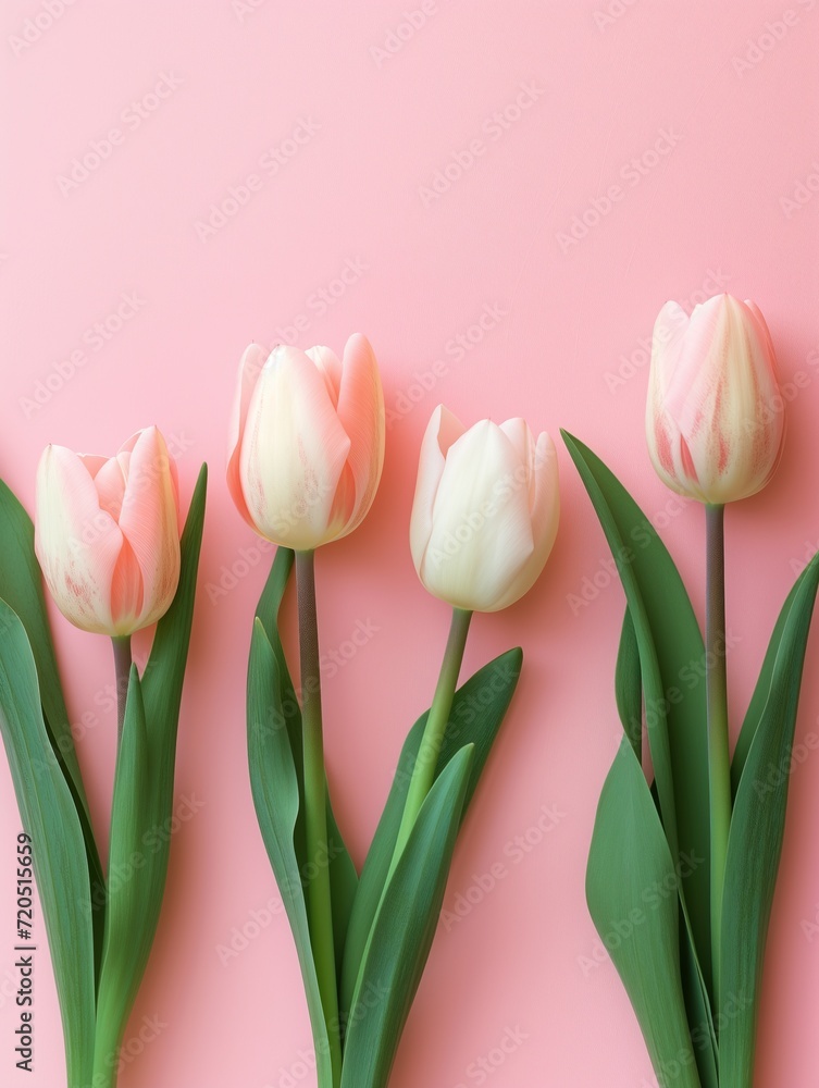 Pink and white tulips on pink background, space for text, card mockup template Pink and white tulips on pink background, space for text, card mockup template
