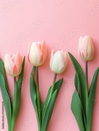 Pink and white tulips on pink background, space for text, card mockup template