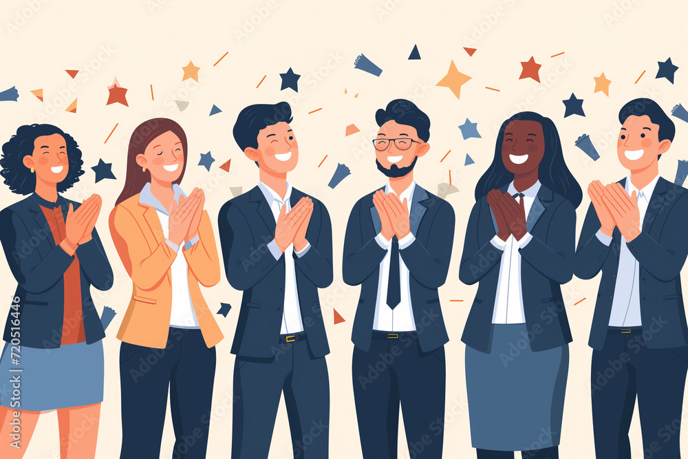 Illustration image capturing the moment of employee recognition with colleagues applauding and celebrating, Focus on the joy and appreciation in their expressions, Business team clapping together - obrazy, fototapety, plakaty 