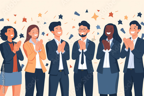 Illustration image capturing the moment of employee recognition with colleagues applauding and celebrating, Focus on the joy and appreciation in their expressions, Business team clapping together photo