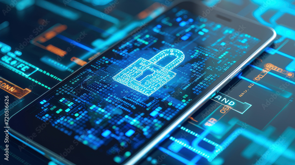 Illustrating advanced technology in data privacy, the smartphone is safeguarded with encryption and a digital padlock, emphasizing security. Illustrating advanced technology in data privacy, the smartphone is safeguarded with encryption and a digital padlock, emphasizing security.