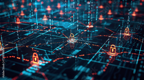Network security through a detailed network grid, overlaid with binary code and digital locks, representing the essence of secure online connections.