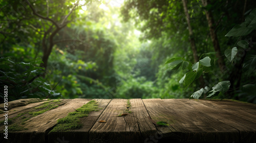 The perfect blend of rustic charm and natural beauty, this mockup features a wooden table amidst a green forest landscape, offering a peaceful and eco-friendly setting.