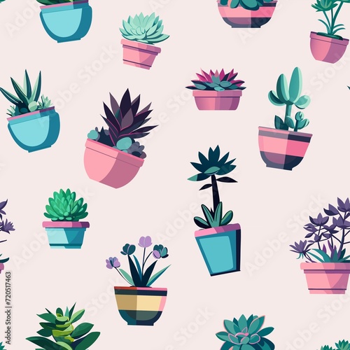 seamless pattern with various succulents and house plants, cacti and florariums. Illustration for textiles and wrapping paper.