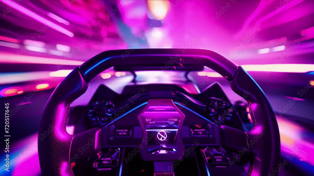 Closeup of a VR racing wheel, with realistic force feedback and responsive pedals for a thrilling driving simulation. Closeup of a VR racing wheel, with realistic force feedback and responsive pedals for a thrilling driving simulation.