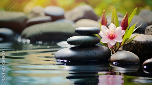 Zen stones  bamboo  flower and water in a peaceful zen garden  relaxation time  wellness and harmony  massage  spa and bodycare concept