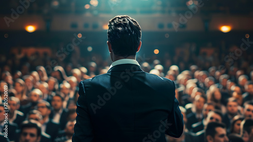 Male business coach speaker in suit give presentation, speaker presenter consulting training