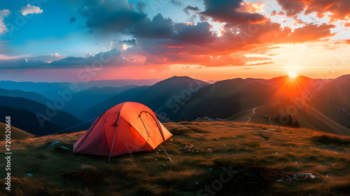 Mountain Sunset Camping with Tent and Nature Adventure © javu