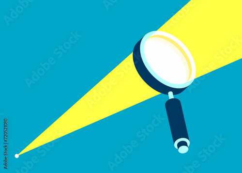 Magnifying glass icon in 3d flat style. Sunlight in search loupe on color background.  Business analytic illustration. Vector design object for you project 