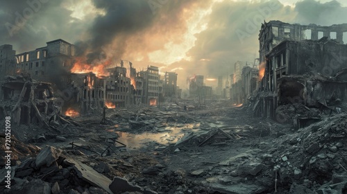 Abandoned city in ruins, with destroyed buildings, burning rubble, and polluted water and air. The aftermath of a catastrophic event.