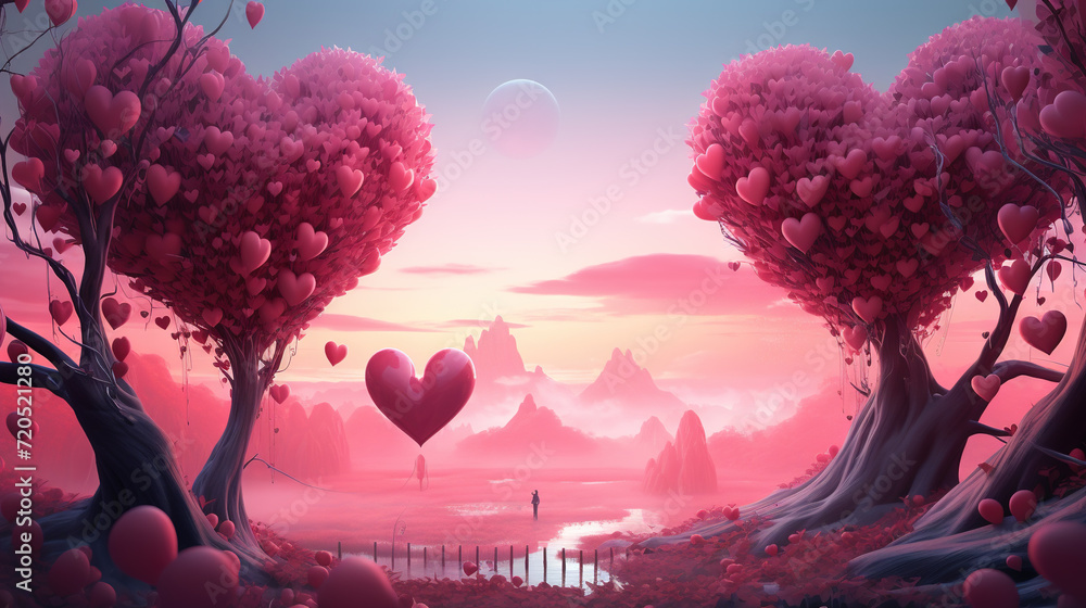 Valentine Day greeting card with surreal romantic landscape full of hearts.