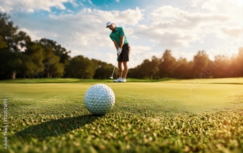Un golfeur sur un green avec une balle en avant plan