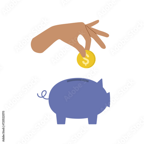Cartoon hand holding coin, piggy bank. Financial planning concept. Isolated vector illustration 