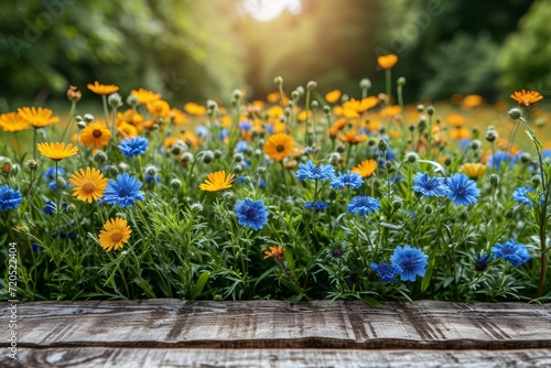 A vibrant field filled with blue and yellow flowers stretching as far as the eye can see.