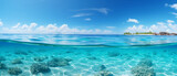 Split-View Tropical Seascape. Crystal clear waters with coral reefs below and a sunny sky above