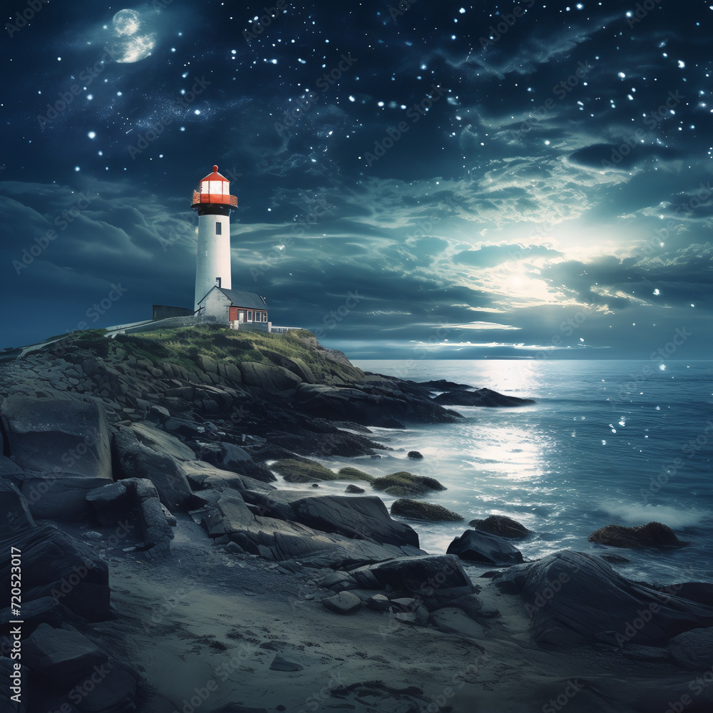 lighthouse at night. Generative AI