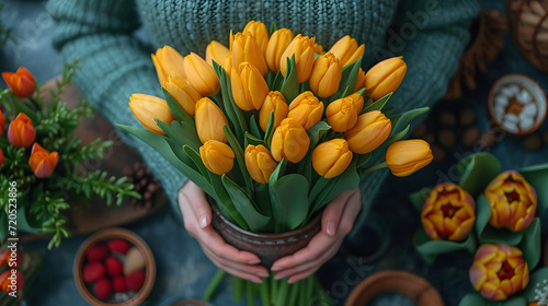 Female hands hold a bouquet of yellow tulips on a gray background. Beautiful spring concept.