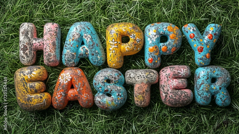  Colorful letters spelling “HAPPY EASTER” on a Green grass background.