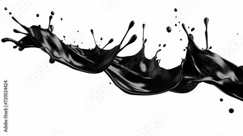 Black spilled flying fluid isolated on white background. Petroleum liquid concept