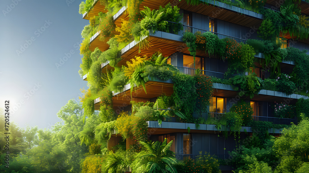 Modern apartment building exterior with green plants and flowers. 3d rendering. Facade of modern eco-friendly apartment building with green plants and blue sky. Office building with green environment.