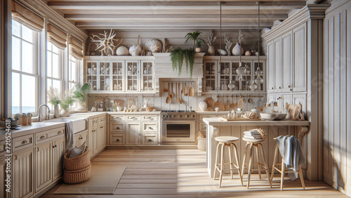 Beach house kitchen with light-colored cabinets, driftwood accents, and seashell decor