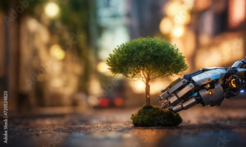 Une main de robot qui protège un petit arbre dans une ville- generative AI