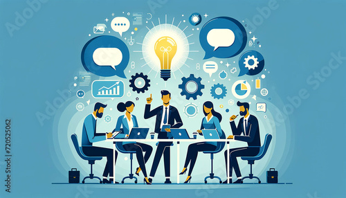 Stylized corporate team meeting with diverse brainstorming participants, illustrated with dialogue bubbles and innovative symbols. Ideas discussion concept. AI generated. photo