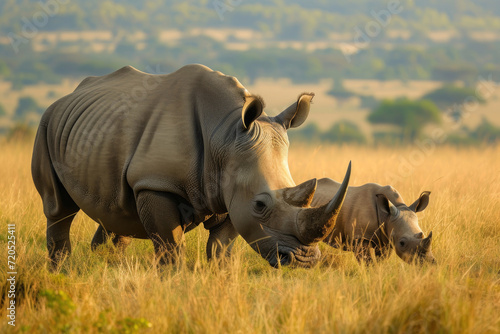 A family of rhinos peacefully grazing in the savannah