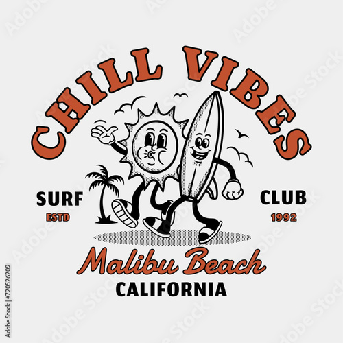 Surfboard and Sun cartoon illustration. Hand-drawn mascot vector graphics for t-shirt prints, posters, and other uses.