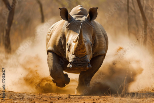 A rhinoceros charges forward, displaying its strength and determination