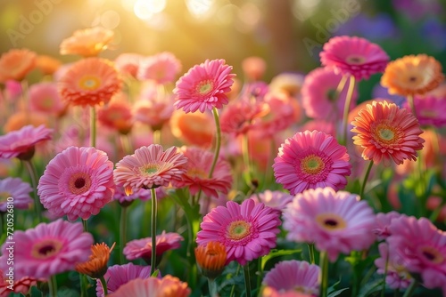 A vibrant field filled with an abundance of pink and orange flowers.