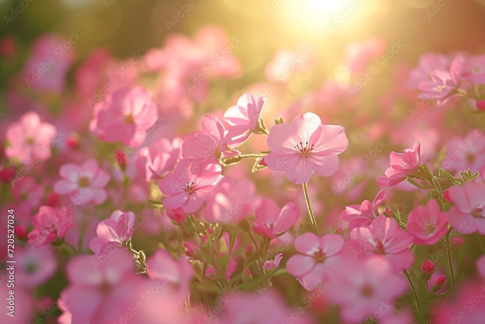 A stunning field filled with pink flowers, illuminated by the radiant sun.