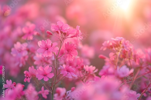 A vibrant field of pink flowers illuminated by the suns rays in the background.