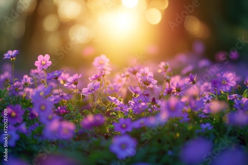A scenic view of a field filled with vibrant purple flowers, glowing under the suns warm rays.