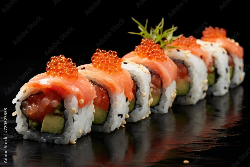 Sushi roll with salmon caviar and cucumber, Artistic recreation of sushi rolls with salmon and white rice with a punctual light, Ai generated Sushi roll with salmon caviar and cucumber, Artistic recreation of sushi rolls with salmon and white rice with a punctual light, Ai generated