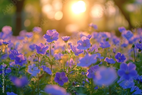 A vibrant field filled with purple flowers is illuminated by the glowing sun in the background.