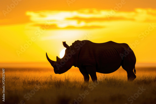 A rhino silhouetted against the golden hues of a sunset