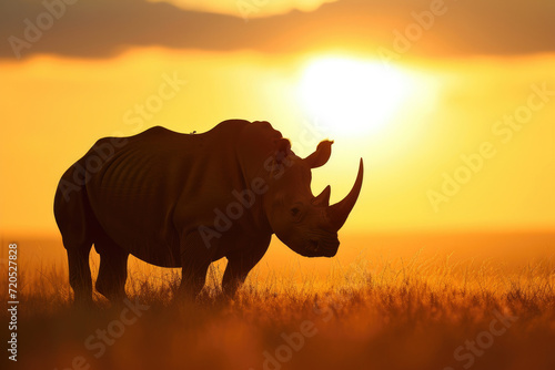 A rhino silhouetted against the golden hues of a sunset © Venka