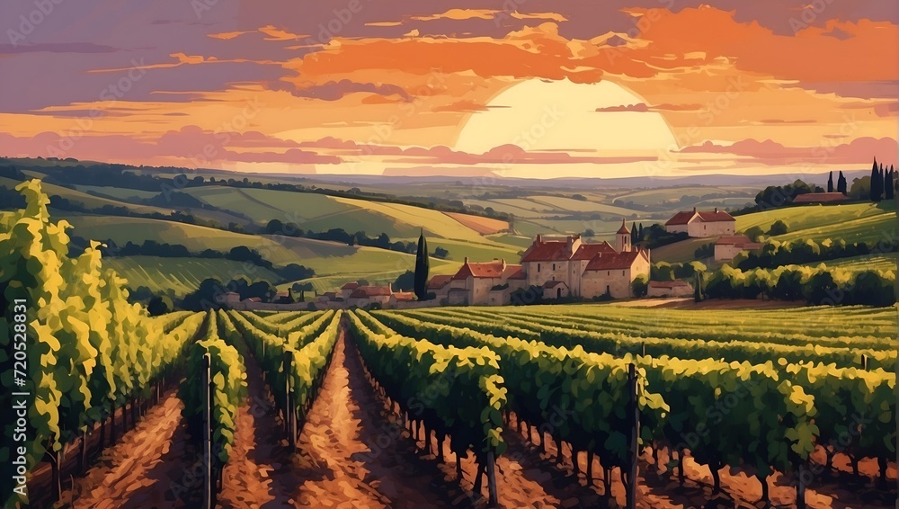 French vineyard at sunset illustration 
