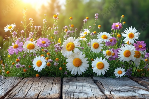 A wooden table covered with an array of  daisy flowers arranged in an exquisite display.