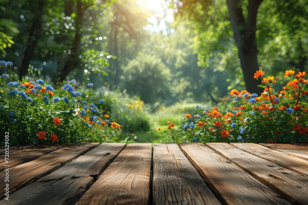 A wooden deck adorned with vibrant flowers and surrounded by towering trees. A wooden deck adorned with vibrant flowers and surrounded by towering trees.
