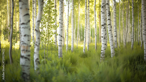 A birch forest with slender white trunks and a soft grassy floor.