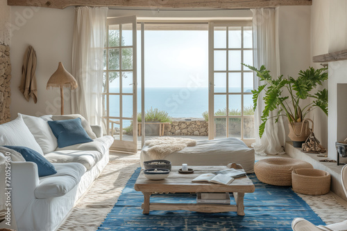A boho eclectic nautical themed living room interior of a Mediterranean beach house. Background image. Created with Generative AI technology © Artem
