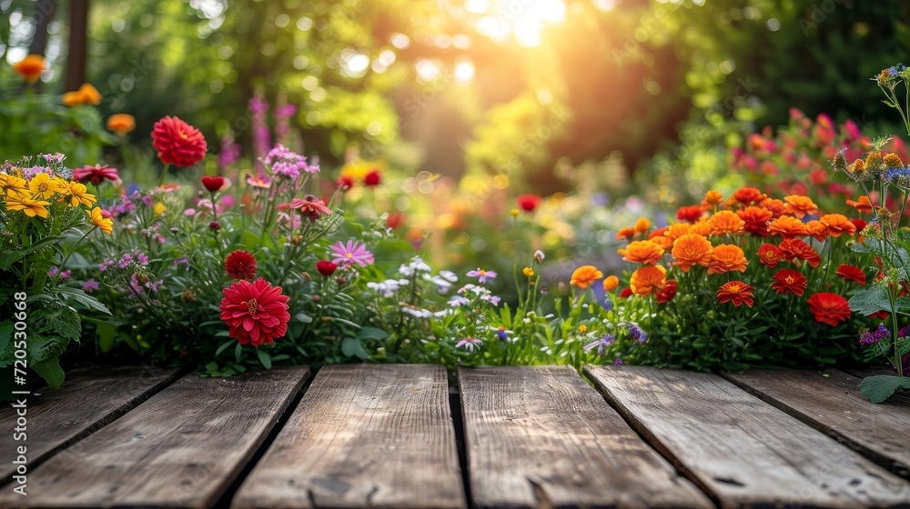 A wooden table covered with a profusion of flowers creates a vibrant and colorful display. A wooden table covered with a profusion of flowers creates a vibrant and colorful display.