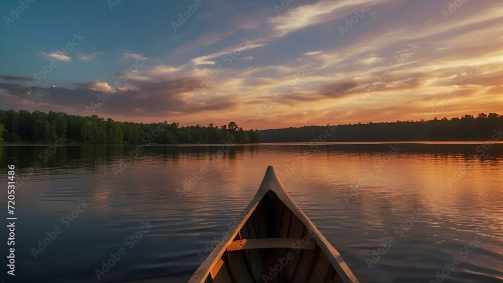 Naklejka premium Relaxing canoe view in a beautiful lake with a view of the coast at sunset