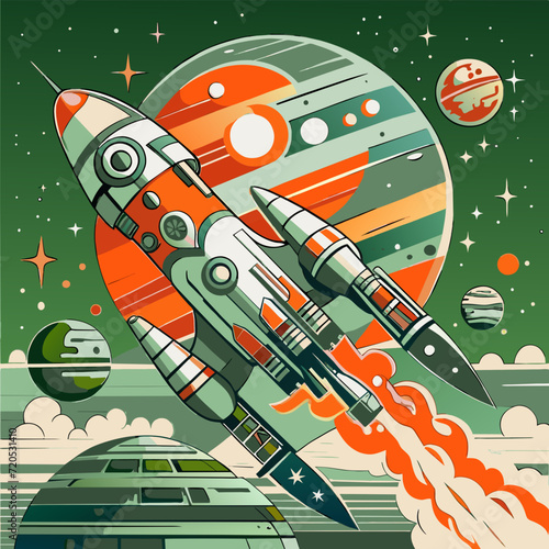 Fantastic sticker in orange-green tones. Space sci-fi set posters colorful with planets and intergalactic ships vector illustration. SVG version.