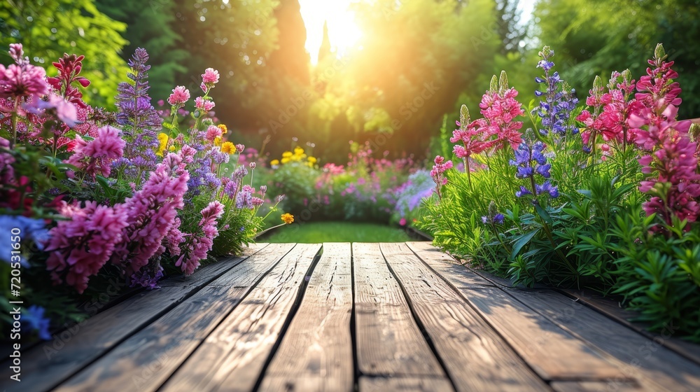 A wooden deck is surrounded by a vibrant array of flowers A wooden deck is surrounded by a vibrant array of flowers