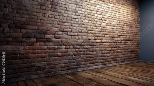 Textured brick wall with warm lighting and wooden floor
