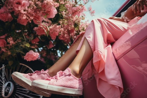 Slim legs woman in pink dress sitting in pink car decorated with a lot of pink flowers. Stylish beauty concept. Playful femininity. Glamorous spring elegance. Real photography, 8k photo